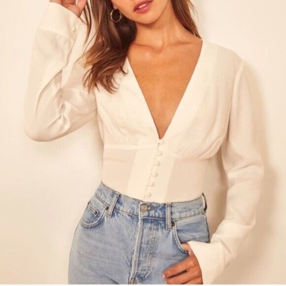 Reformation White Fulham Long Sleeve Crepe Blouse sz M - Picture 9 of 10